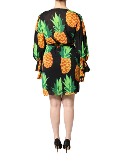 Black Silk Pineapple Draped Print Wrap Dress