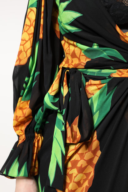 Black Silk Pineapple Draped Print Wrap Dress
