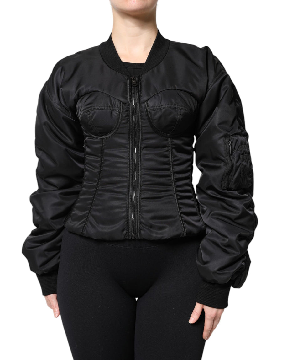 Black Nylon Full Zip Bustier Corset Jacket