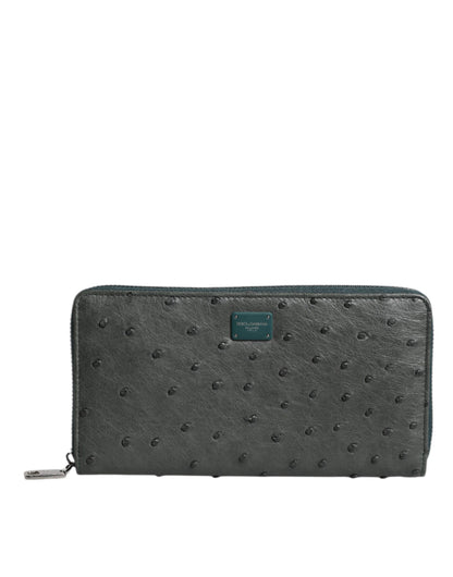 Green Ostrich Logo Plaque Zip Around Continental Wallet