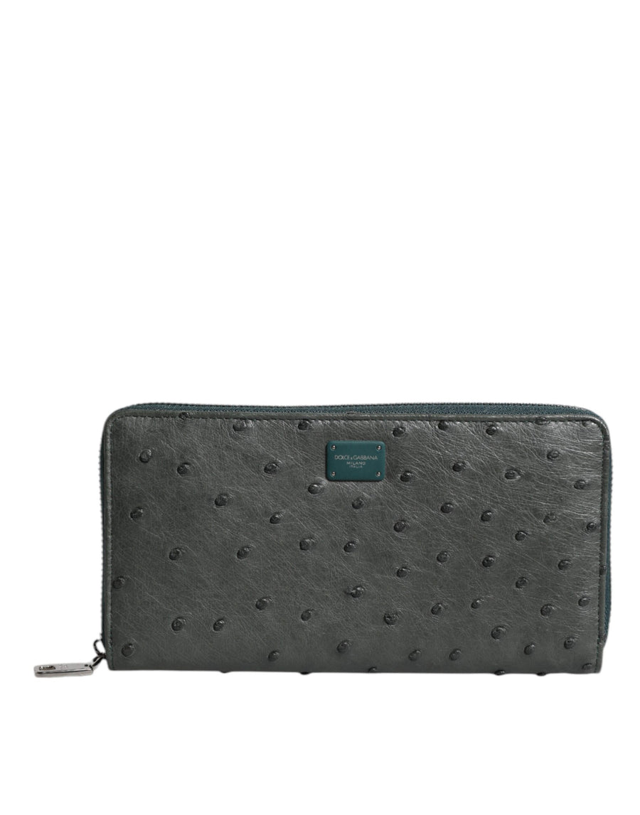 Green Ostrich Logo Plaque Zip Around Continental Wallet