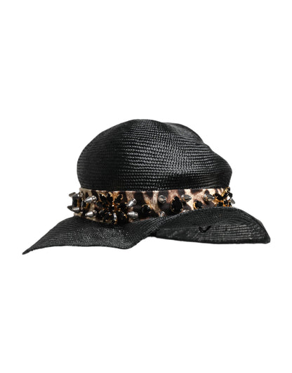 Black Straw Crystal Embellished Wide Brim Hat
