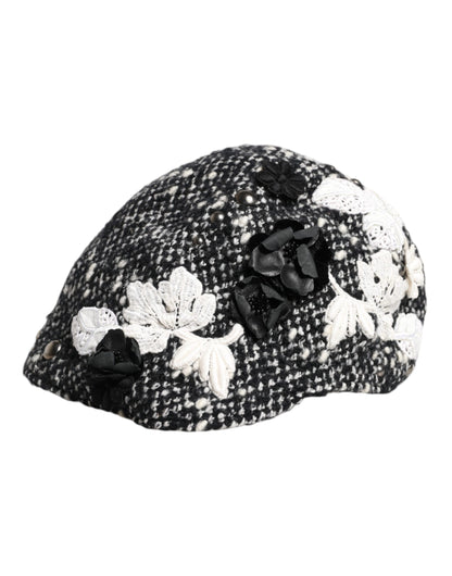 Black Wool White Floral Embellished Cloche Hat