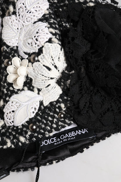 Black Wool White Floral Embellished Cloche Hat