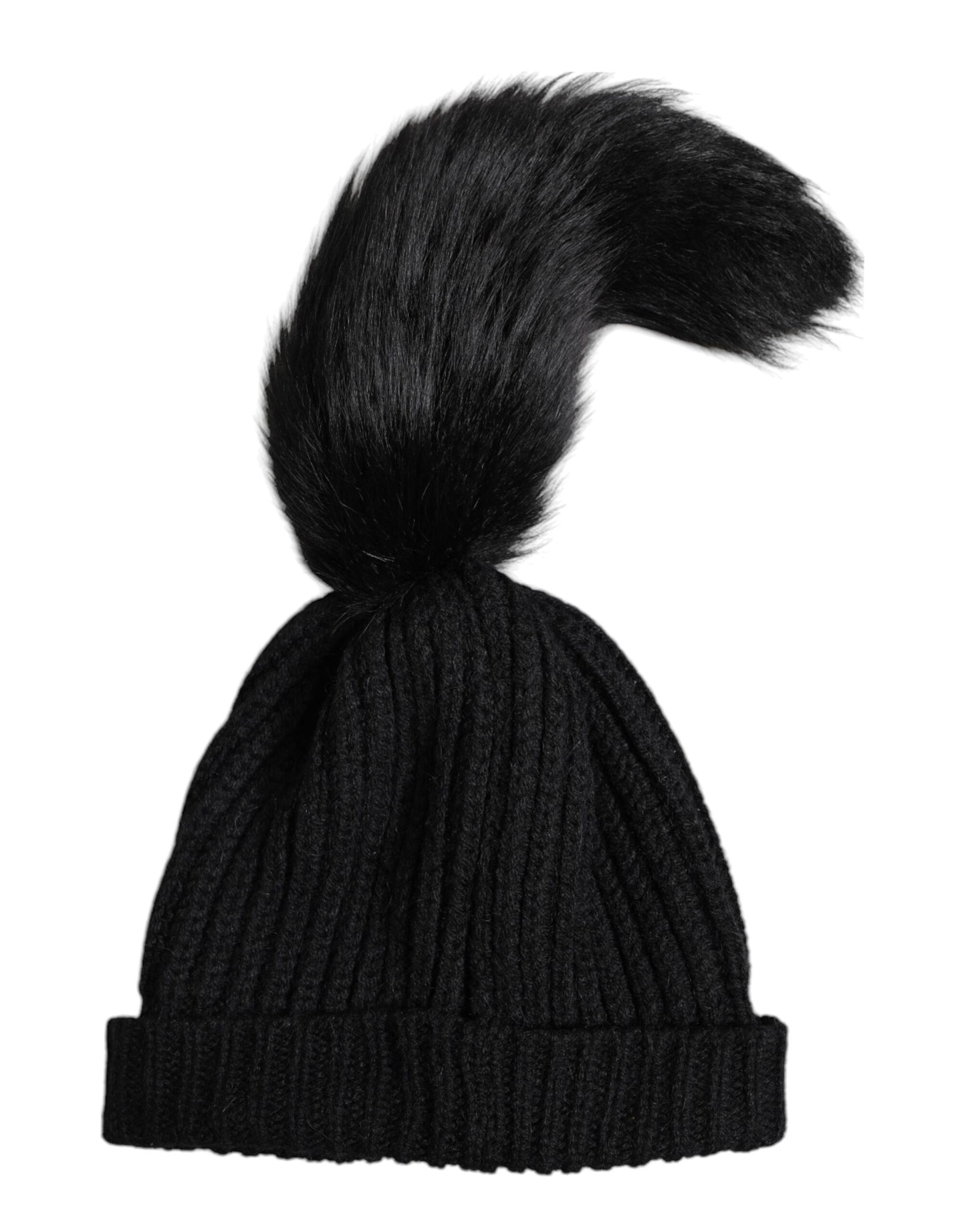 Black Acrylic Knitted Fur Winter Beanie Hat