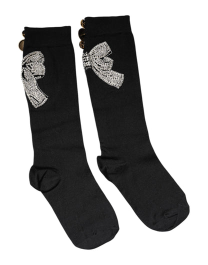 Black Knit Floral Crystal Embellishment Socks
