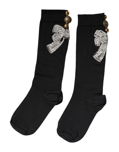 Black Knit Floral Crystal Embellishment Socks