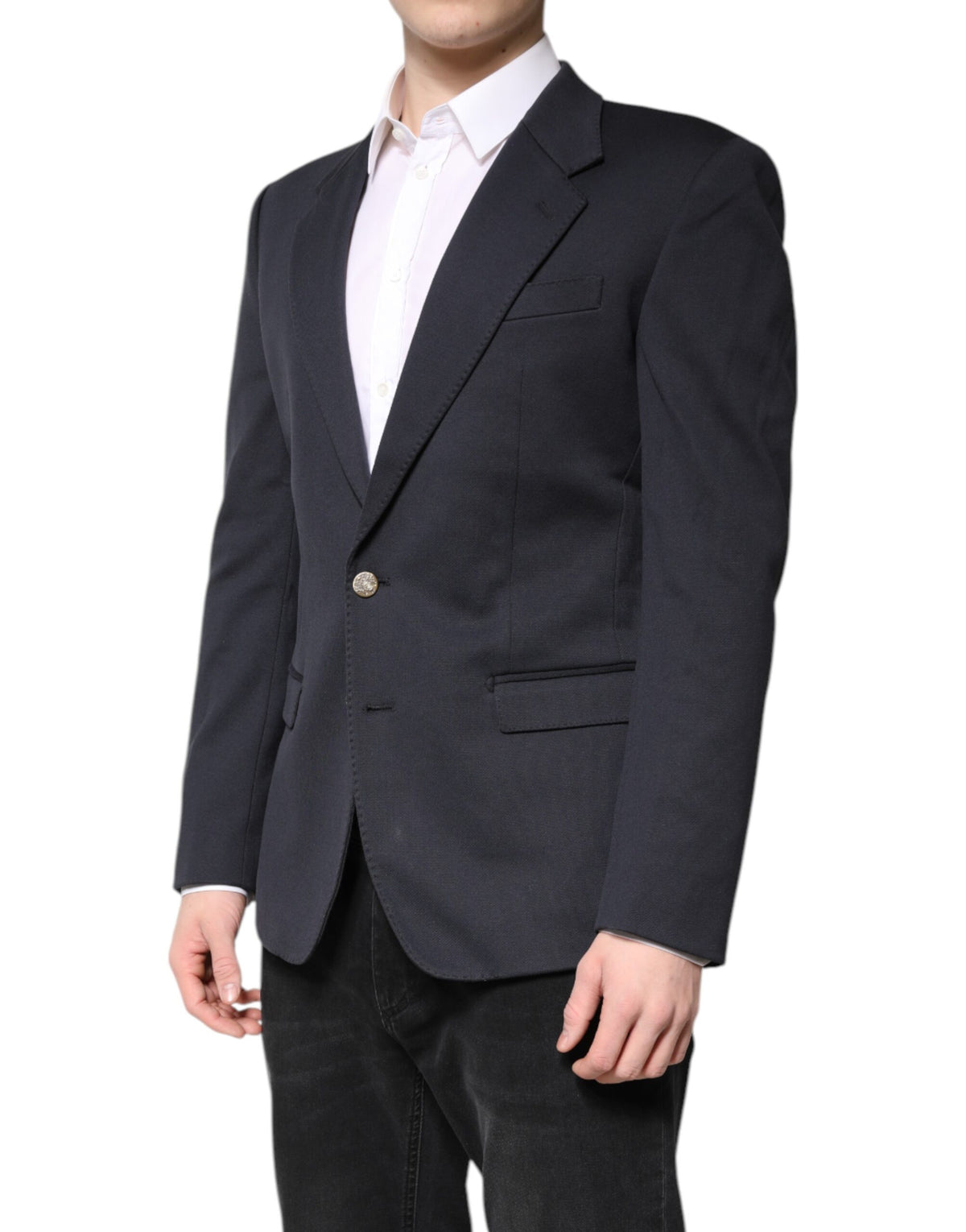 Dark Blue Cotton Men Jacket Coat Suit Blazer