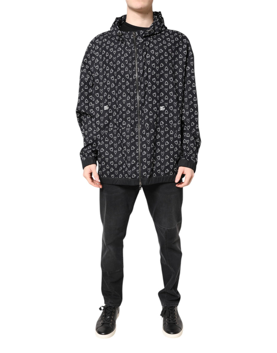 Black Heart Print Hooded Windbreaker Jacket