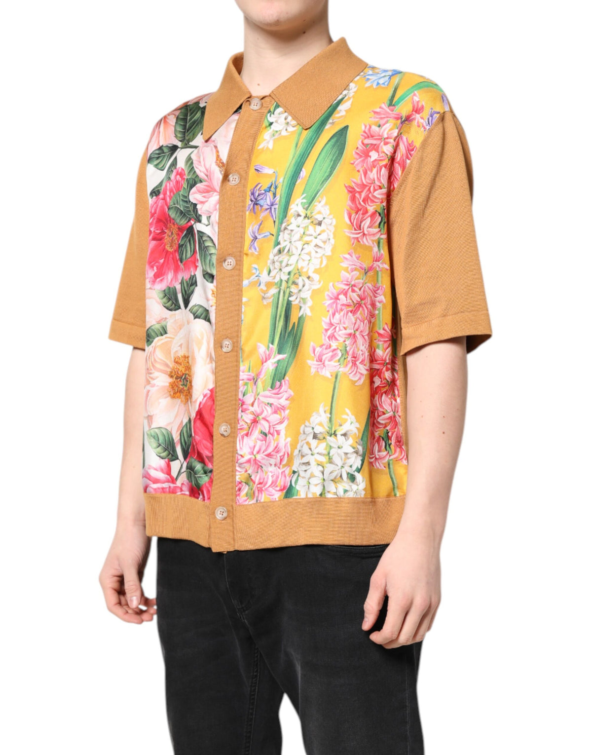 Brown Floral Collared Short Sleeve T-shirt