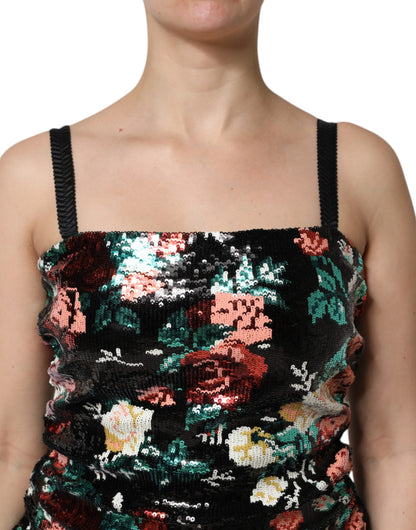 Black Floral Sequin Sleeveless Sheath Dress