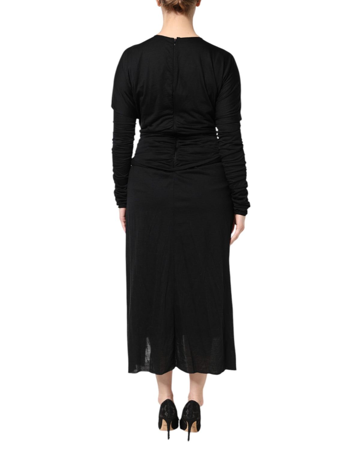 Black Wool Long Sleeves Sheath Midi Dress