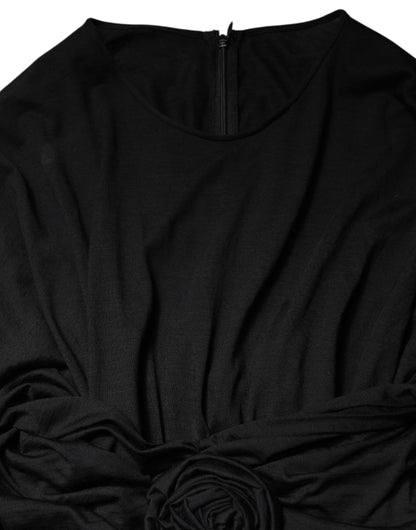 Black Wool Long Sleeves Sheath Midi Dress