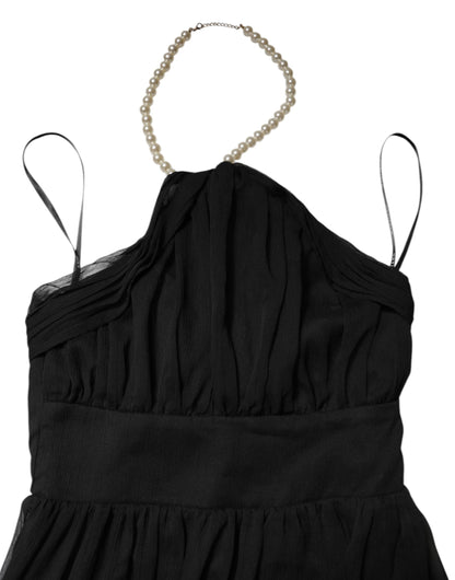 Black Tulle Pearl Sleeveless Long Gown Dress
