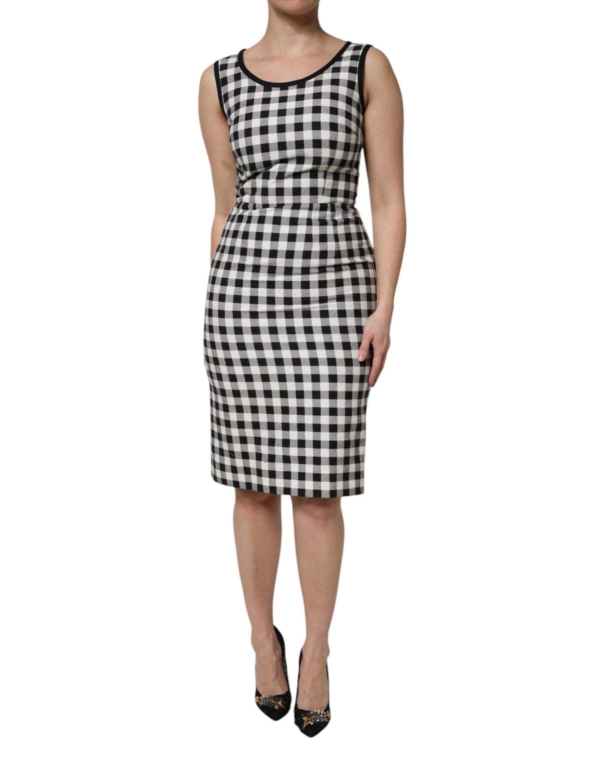 White Black Checkered Sleeveless Sheath Dress