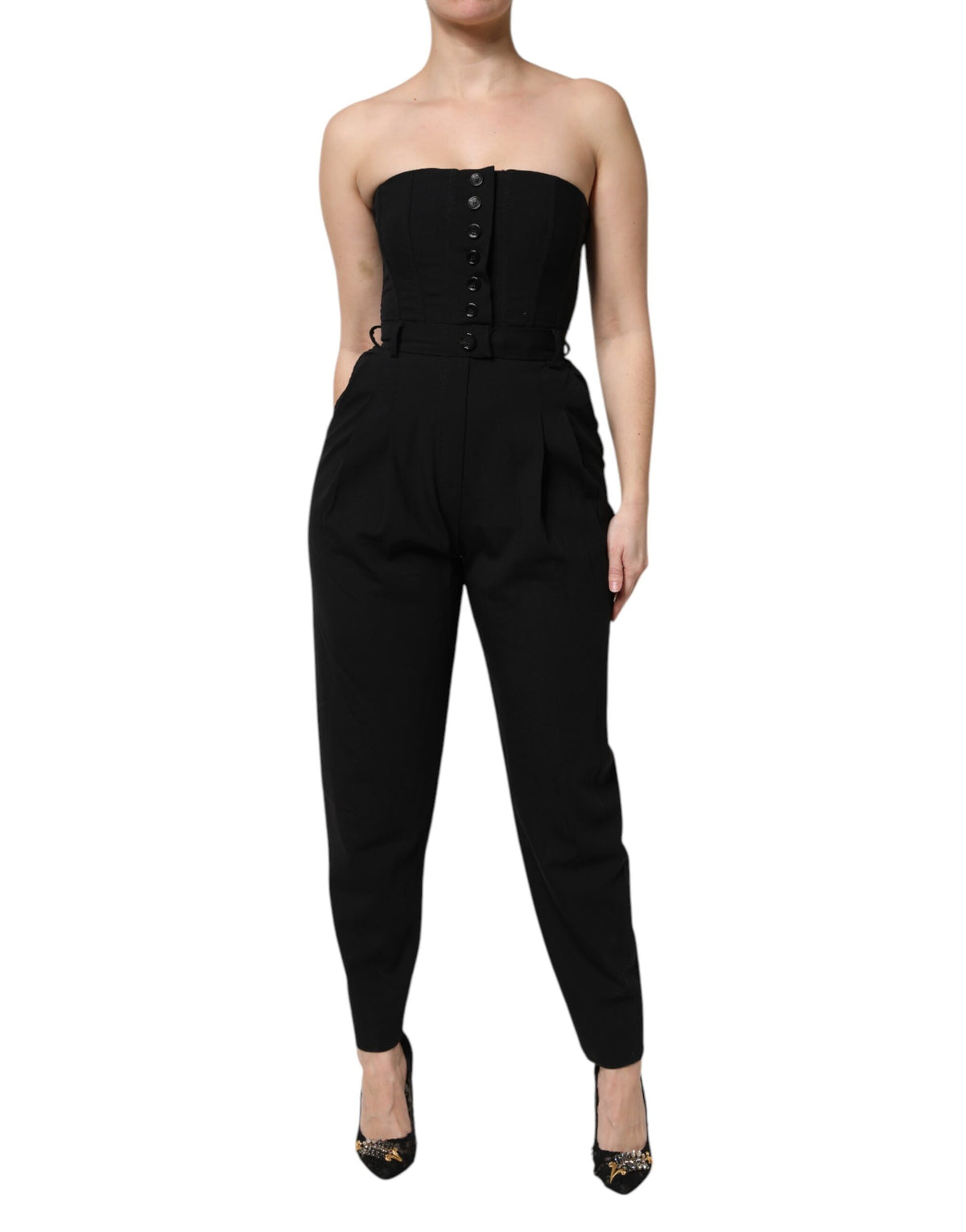 Black Wool Strapless Romper Jumpsuit Dress