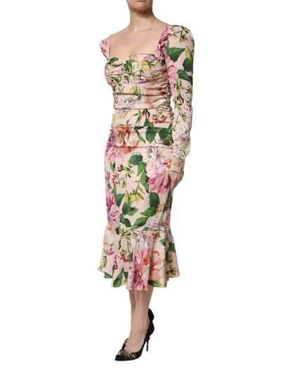 Pink Floral Silk Fit And Flared Midi Dress