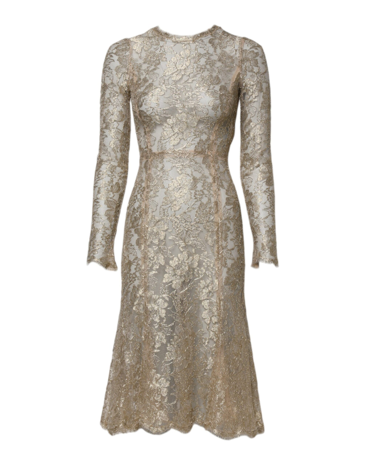 Gold Floral Lace Long Sleeves Fit & Flare Dress