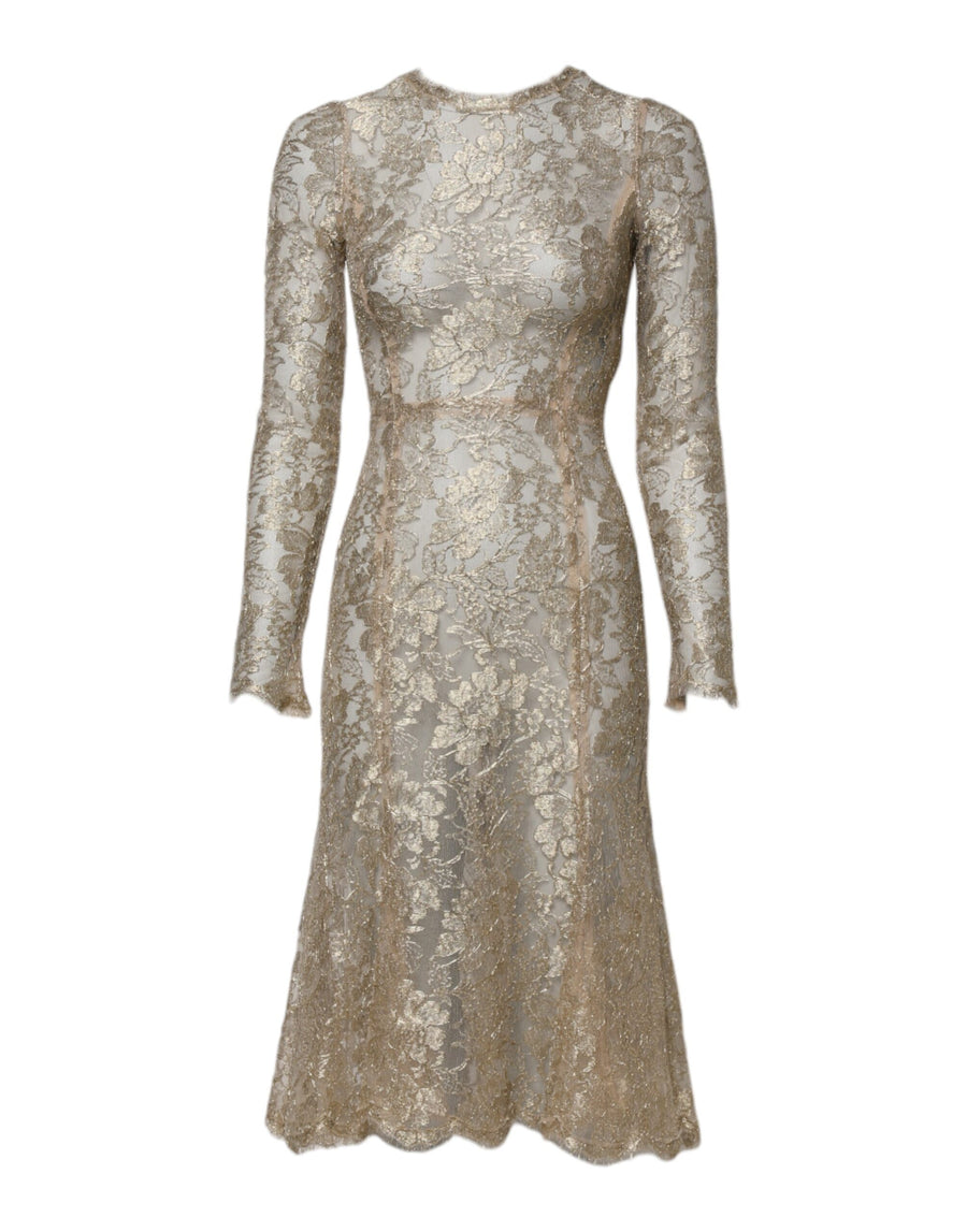 Gold Floral Lace Long Sleeves Fit & Flare Dress