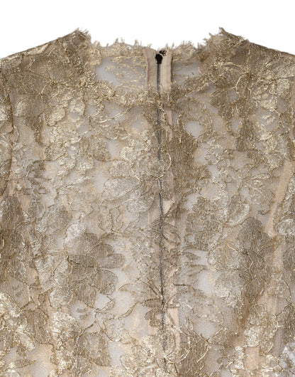 Gold Floral Lace Long Sleeves Fit & Flare Dress
