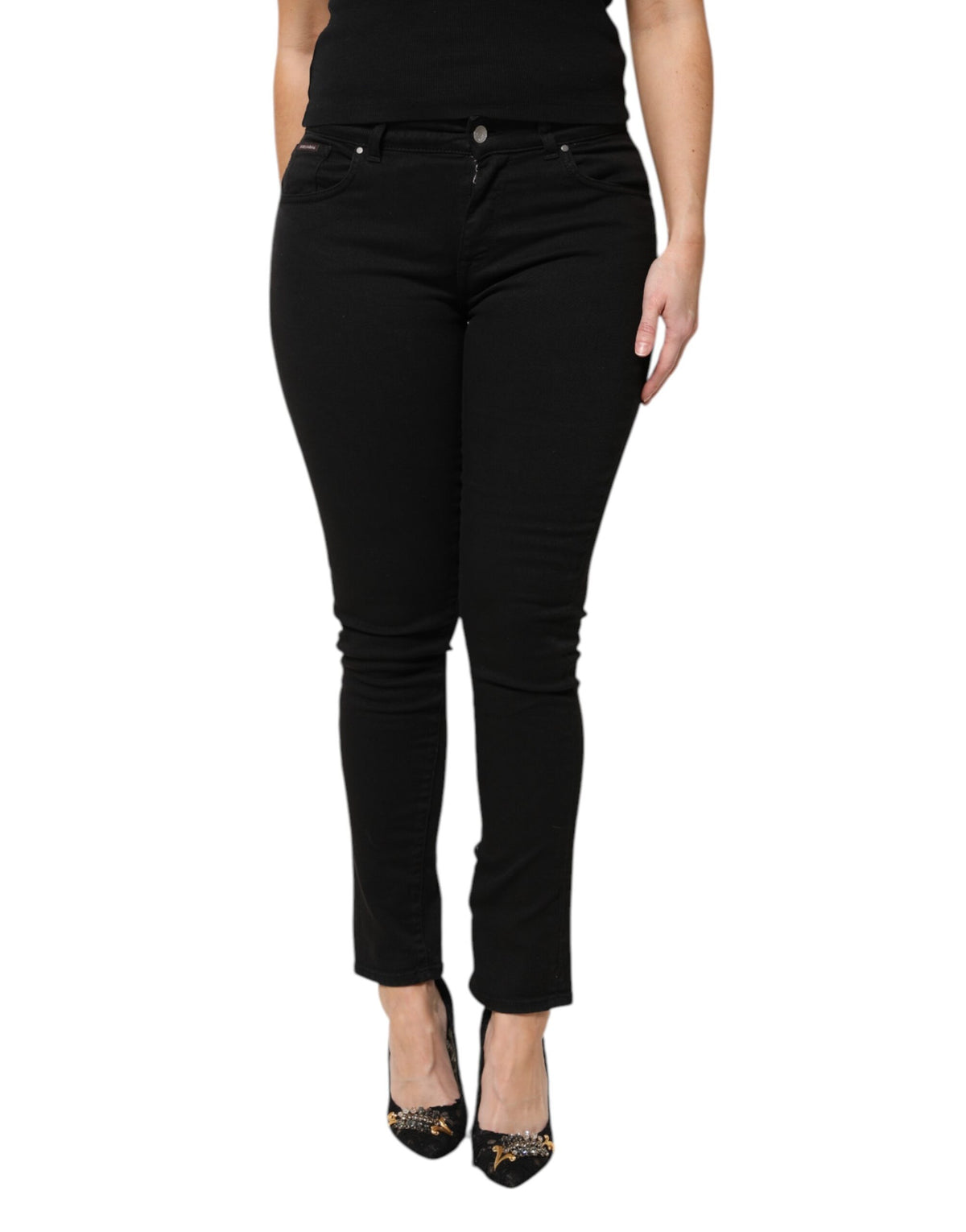Black Cotton Logo Mid Waist Skinny Denim Jeans