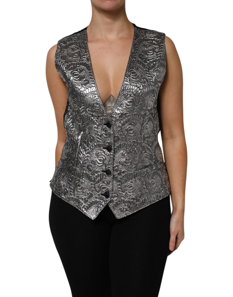 Silver Floral Jacquard Sleeveless Vest Top