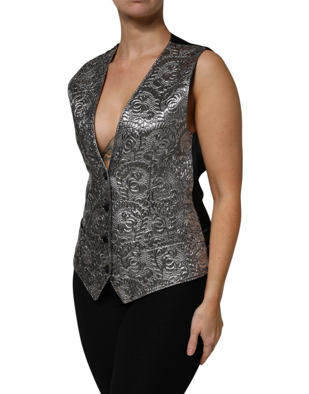 Silver Floral Jacquard Sleeveless Vest Top