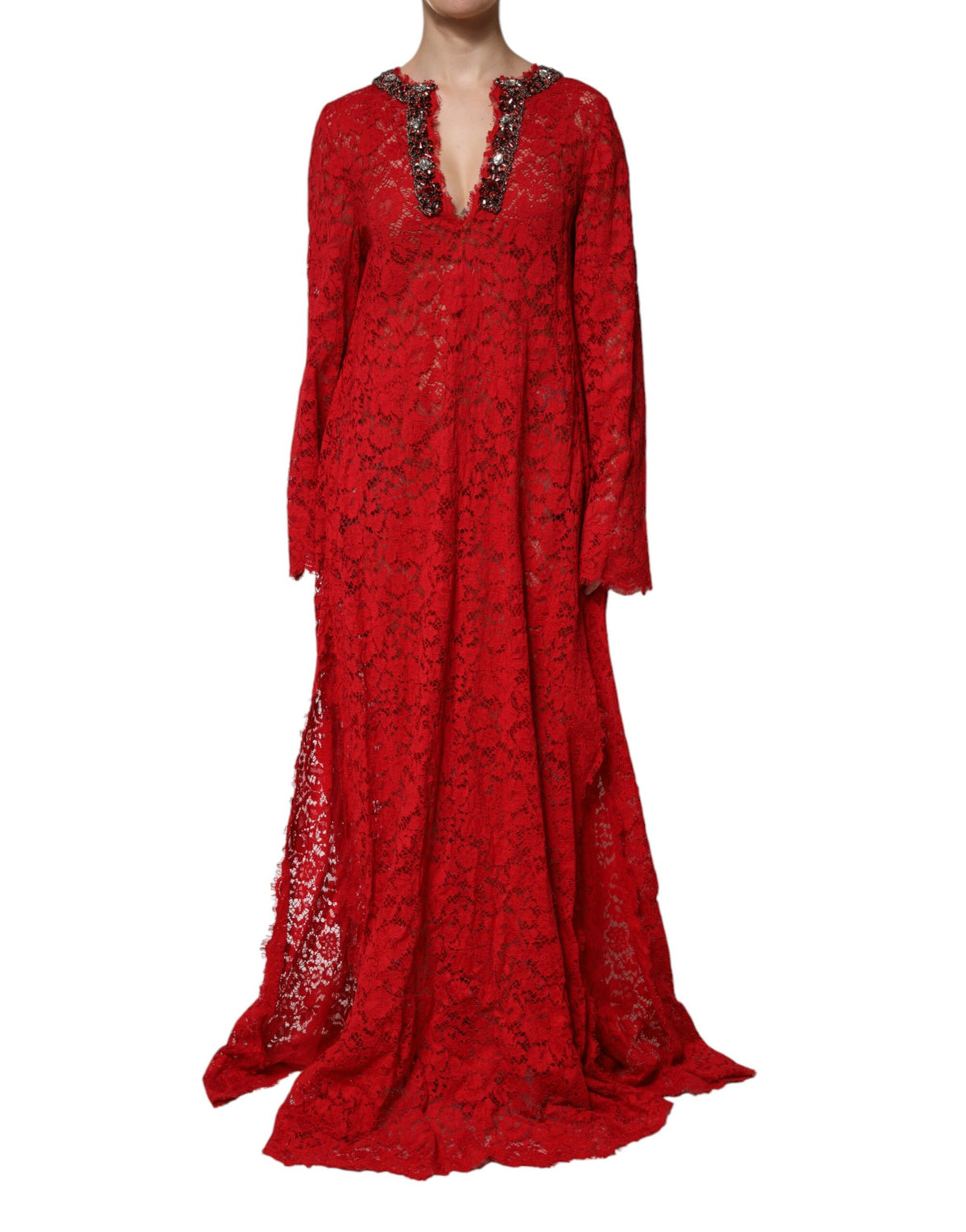 Red Floral Lace Rhinestone Embellished Dress