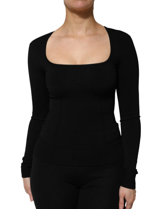 Black Square Neck Long Sleeves Pullover Top