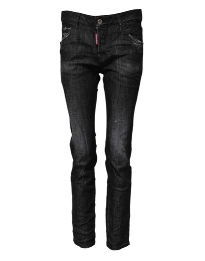 Black Washed Cotton Mid Waist Skinny Jeans