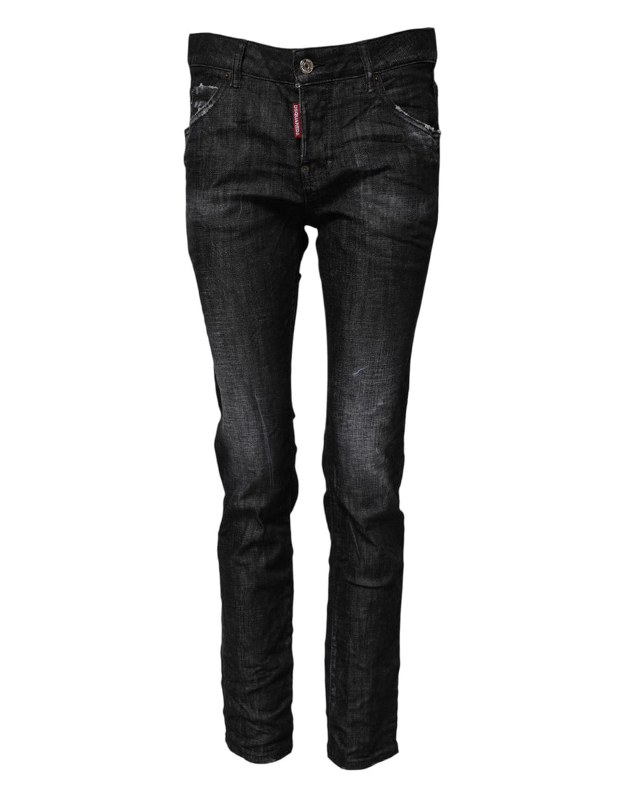 Black Washed Cotton Mid Waist Skinny Jeans