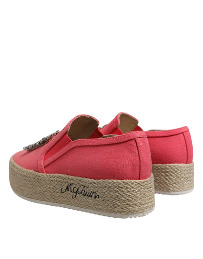 Pink Canvas Crystal Embellished Slip On Shoes