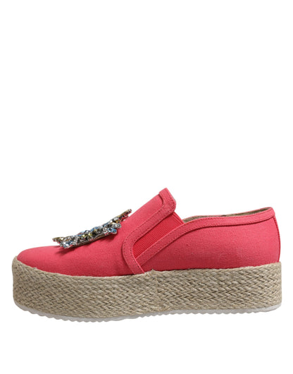 Pink Canvas Crystal Embellished Slip On Shoes