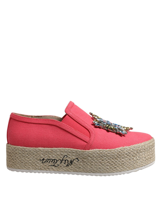 Pink Canvas Crystal Embellished Slip On Shoes