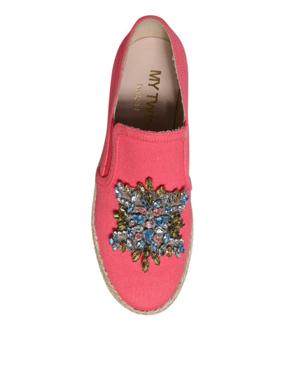 Pink Canvas Crystal Embellished Slip On Shoes
