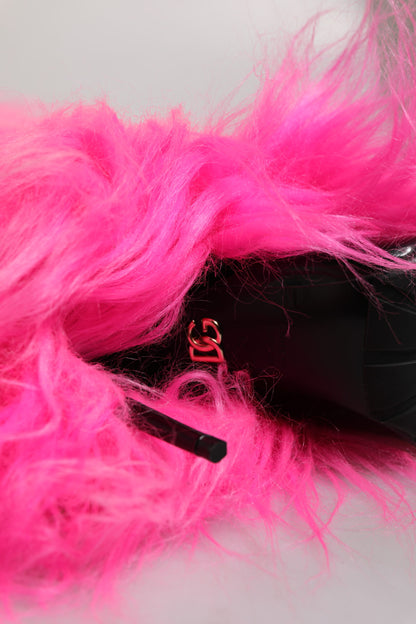 Pink Faux Fur Leather High Heels Boots Shoes
