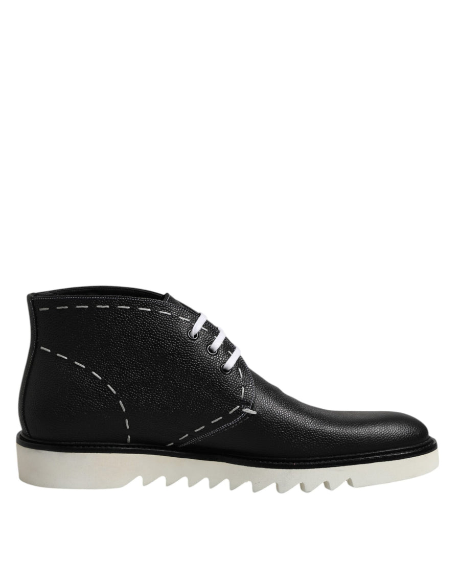 Black White Leather Ankle Boots Shoes