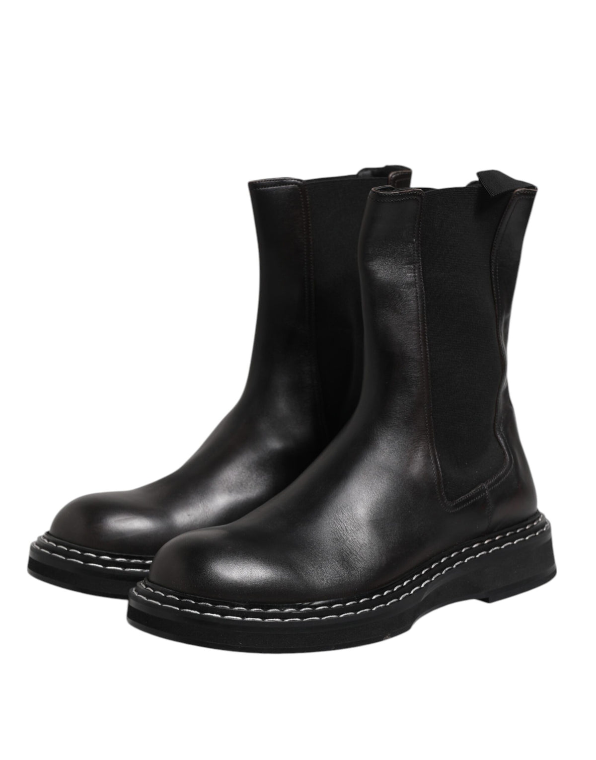 Black Leather Mid Calf Boots Flats Shoes