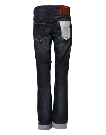 Blue Washed Cotton Mid Waist Flared Denim Jeans