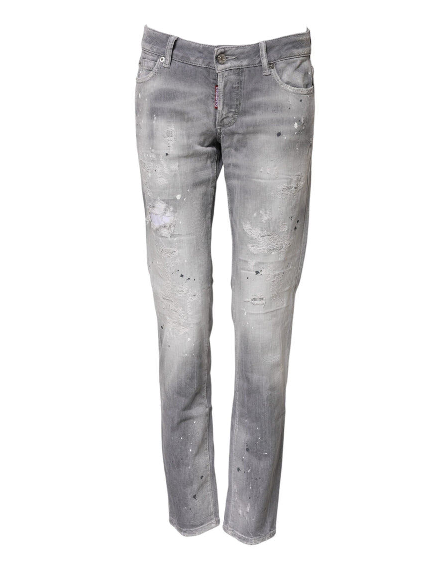 Gray Washed Mid Waist Tapered Denim Jeans