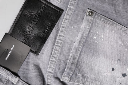 Gray Washed Mid Waist Tapered Denim Jeans