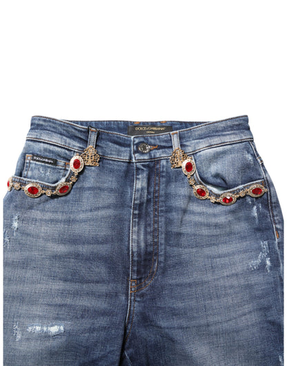 Blue Rhinestone Embellished Denim Jeans
