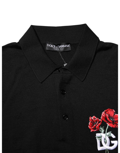 Black Wool DG Logo Rose Collared Polo T-shirt