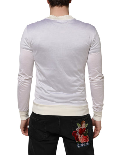 White Silk Crew Neck Long Sleeves T-shirt