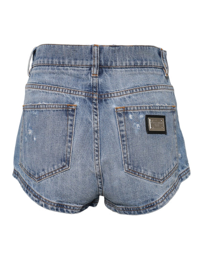 Blue Logo Plaque Denim Cotton Hot Pants Shorts