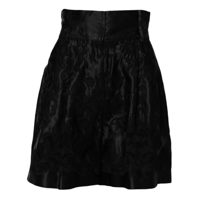 Black Floral Embroidery Silk High Waist Shorts