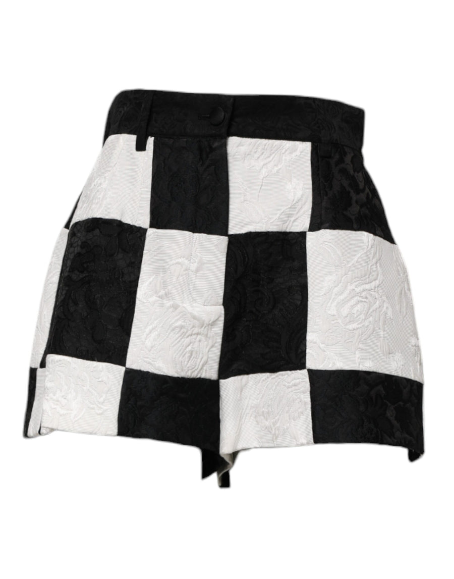 Black White Floral Brocade Hot Pants Shorts