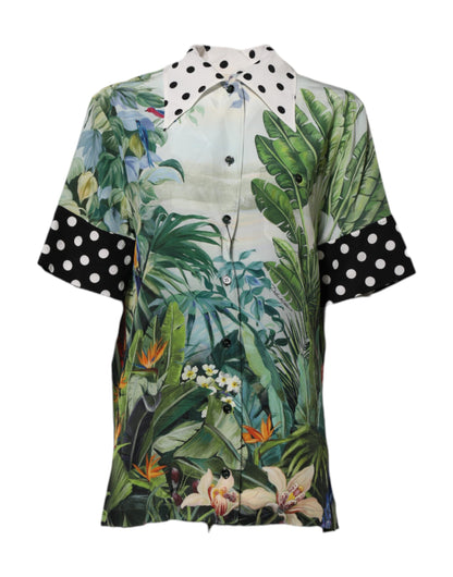 Multicolor Printed Silk Collared Shirt Top