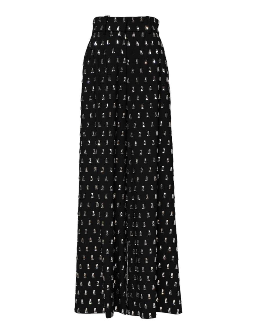 Black Crystal Embellished Wide Leg Pants