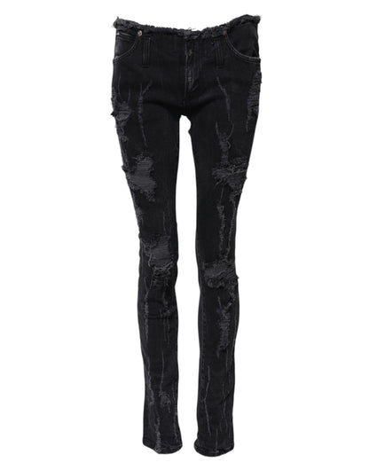 Black Cotton Tattered Skinny Denim Jeans